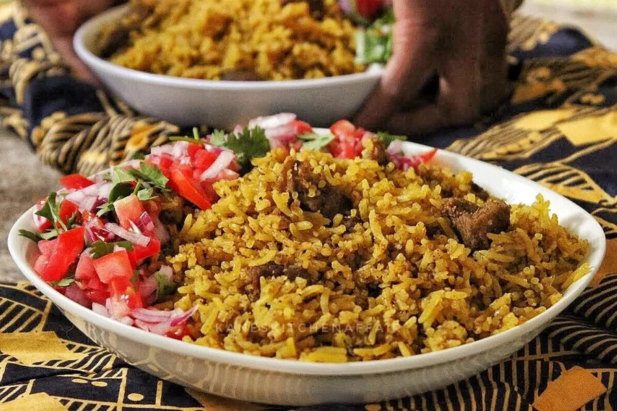 Spiced pilau rice with kachumbari salad in Zanzibar