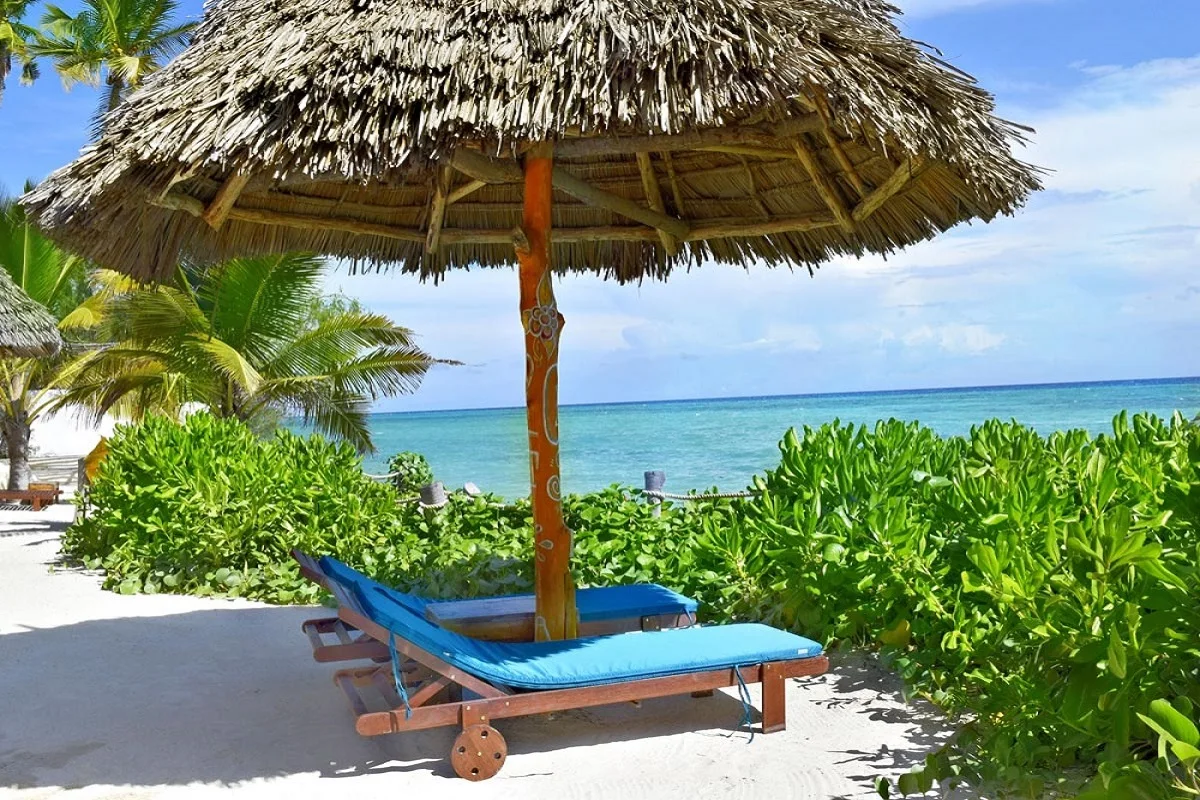 Thatched umbrella and sun loungers on a Zanzibar beach