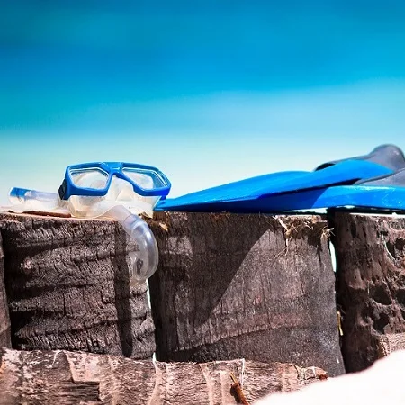 Snorkel mask and fins on a boat in Zanzibar